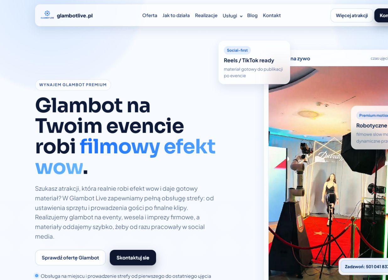Glambot Live event services website screenshot